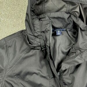 Lands' End Hooded Jacket Women XS Black Full Zip Button Utility Rain Coat
